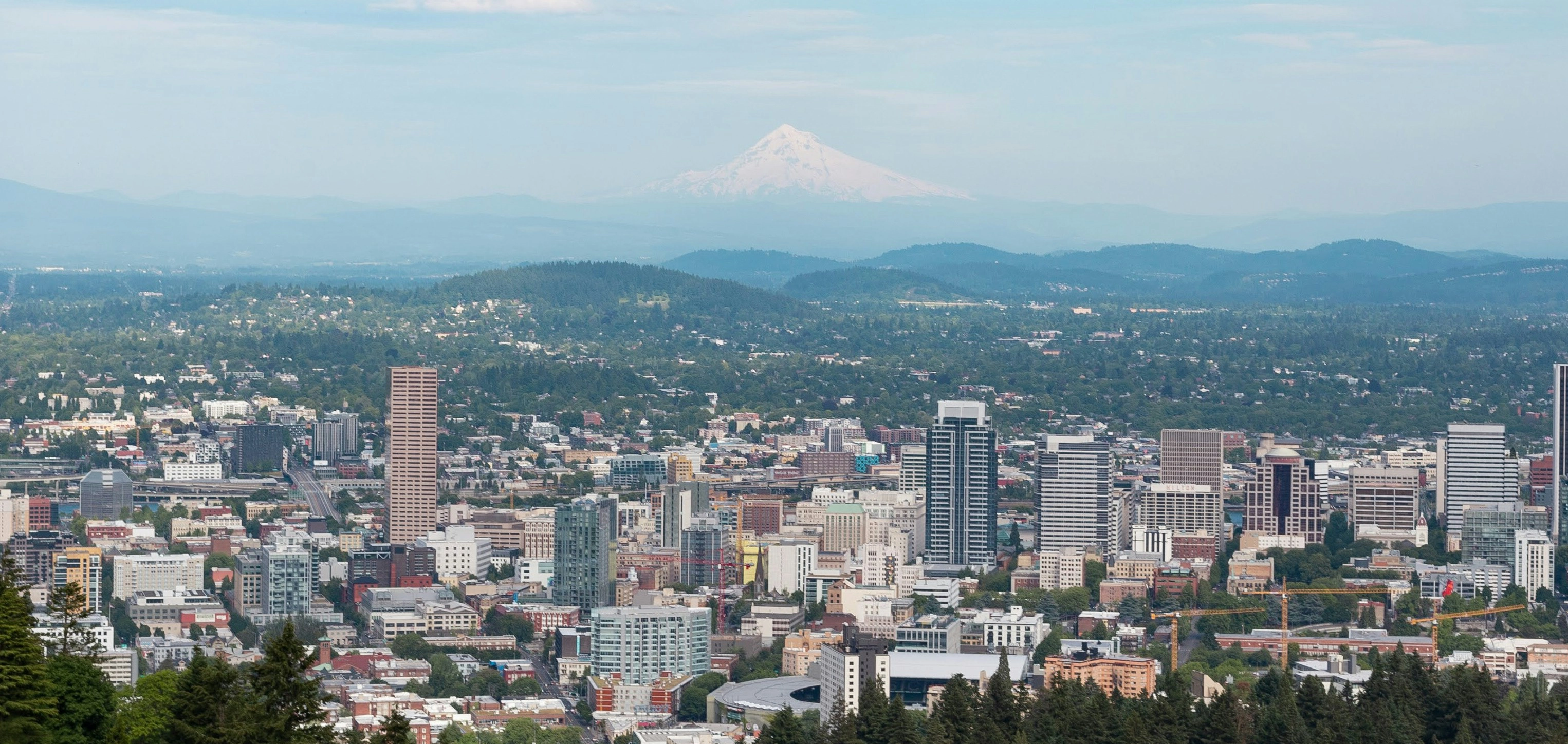 Downtown POrtland city with a mountain in the background.